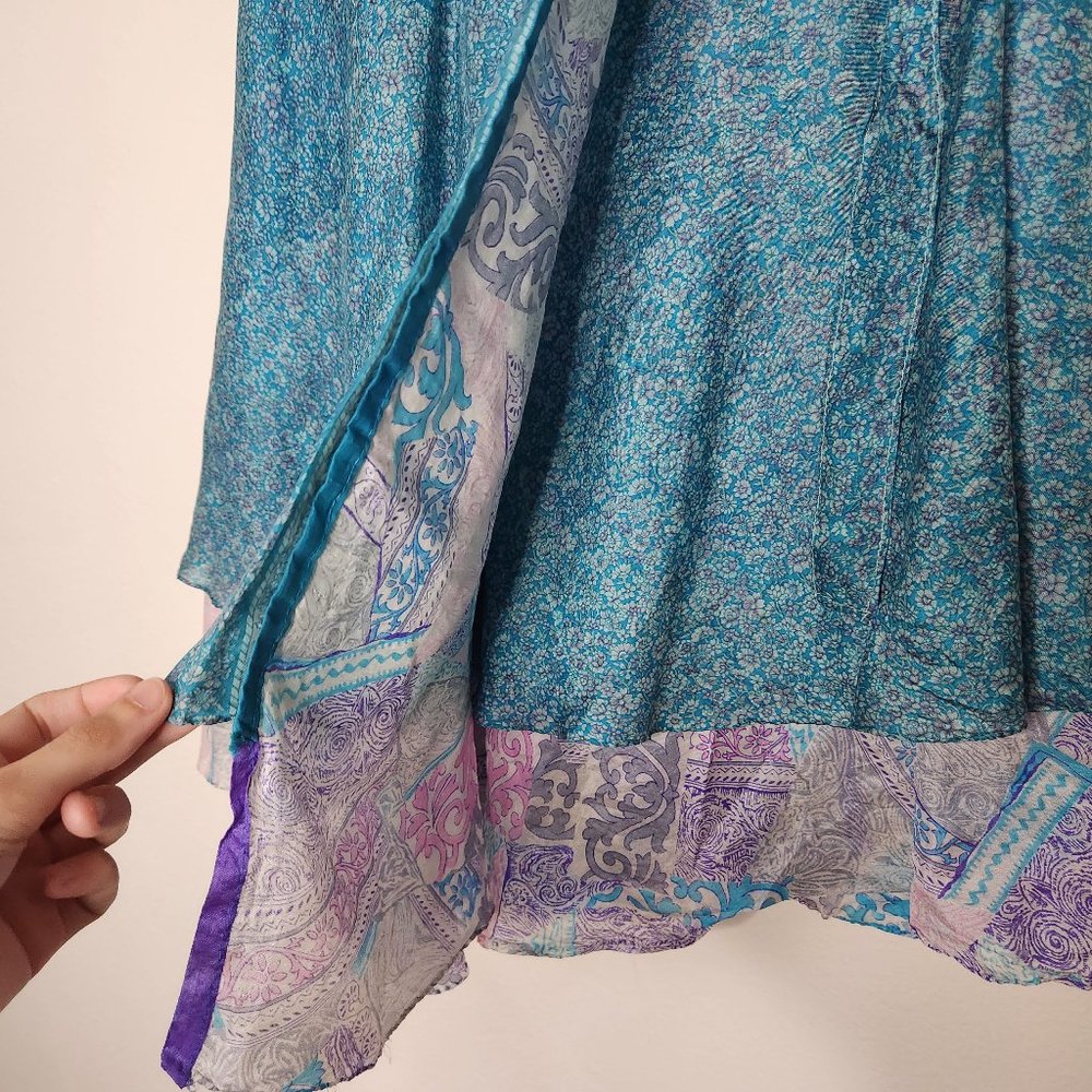 Alchemy Women's OS Blue Floral 100% Silk Wrap Tie Tiered Midi A-line Skirt Boho - Picture 2 of 5